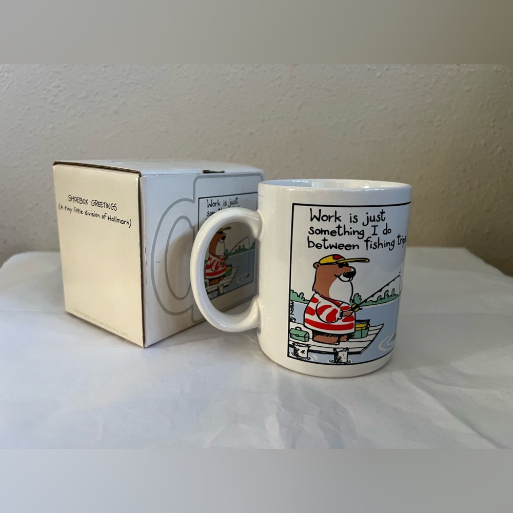 Vintage Shoebox Greetings Hallmark Coffee Mug Fishing Cartoon Kevin Ahern